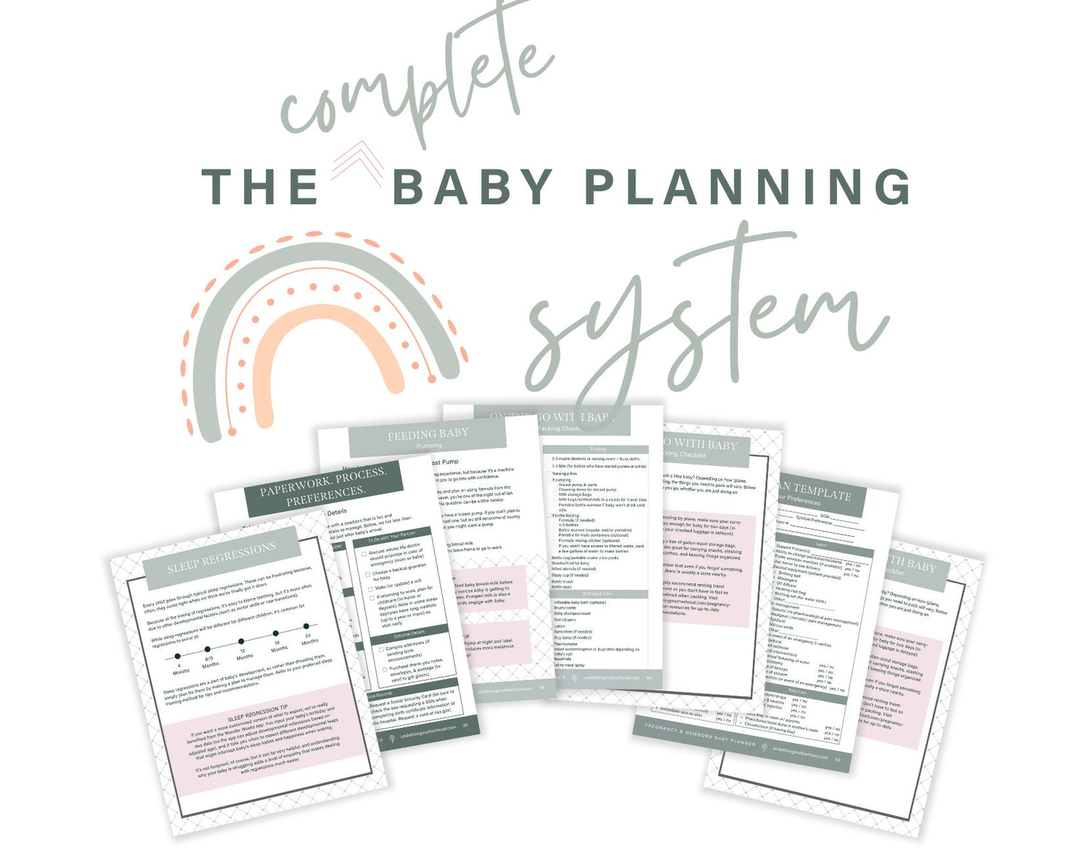 A mockup showing 7 fanned pages of a pregnancy planner with text above that says the complete baby planning system