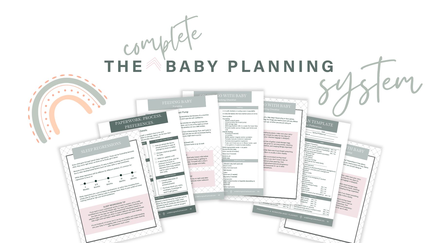 A mockup showing 7 fanned pages of a pregnancy planner with text above that says the complete baby planning system